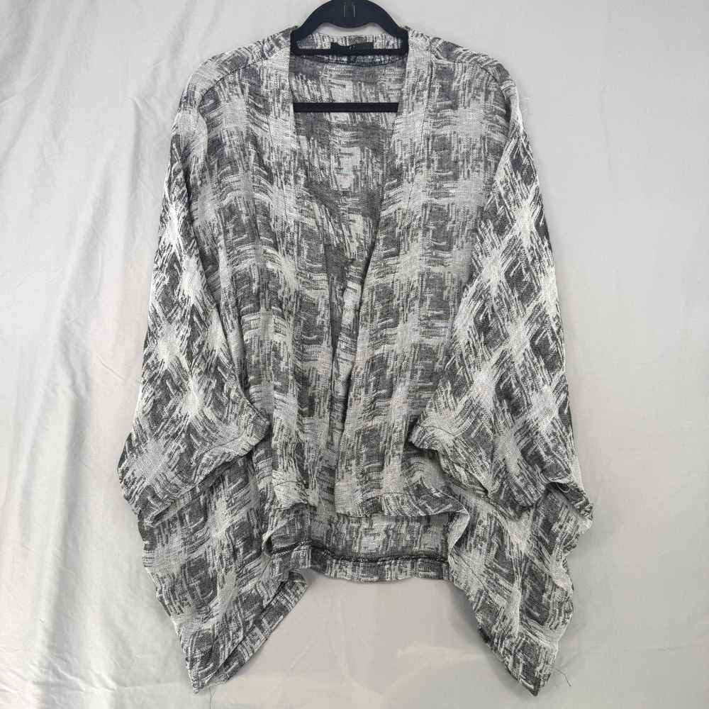 Yushi Womens XL Gray Linen Blend Abstract Open Front Kimono Cardigan Made in USA